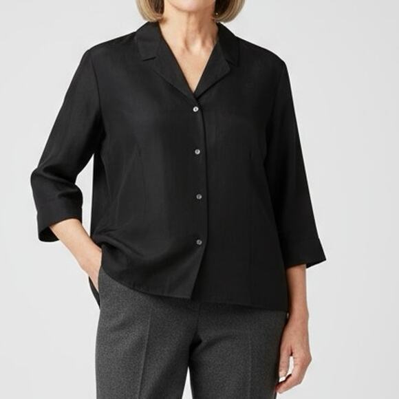 VTG Talbots Silk Shantung Blouse Women 16 Black Shirt Button Classic Formal Work - Picture 1 of 16